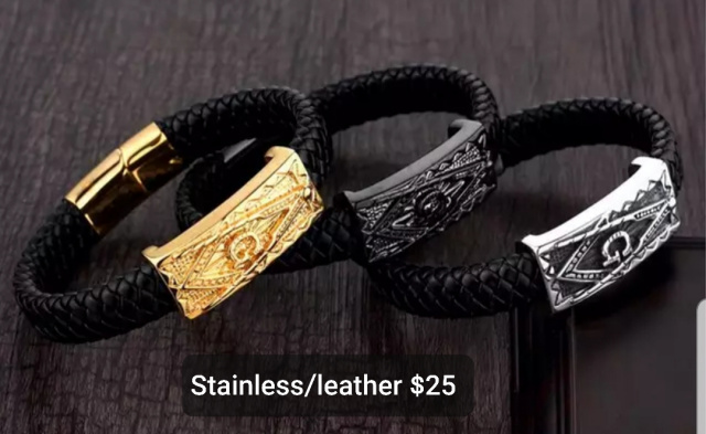 Mason Masonic leather and stainless bracelet