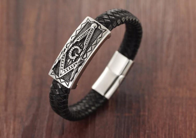 Mason Masonic leather and stainless bracelet